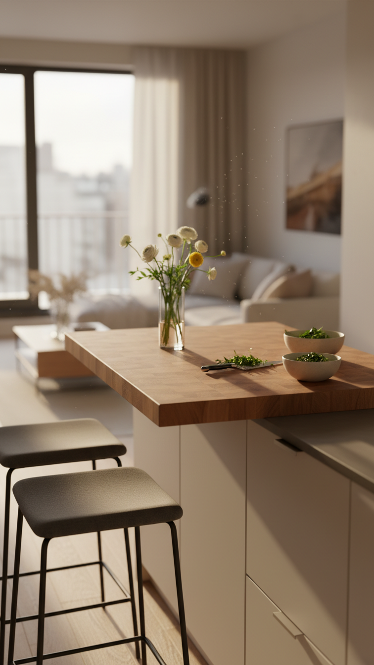 Multi-functional butcher block kitchen island in a modern apartment, serving as a prep counter and dining bar with two stools.