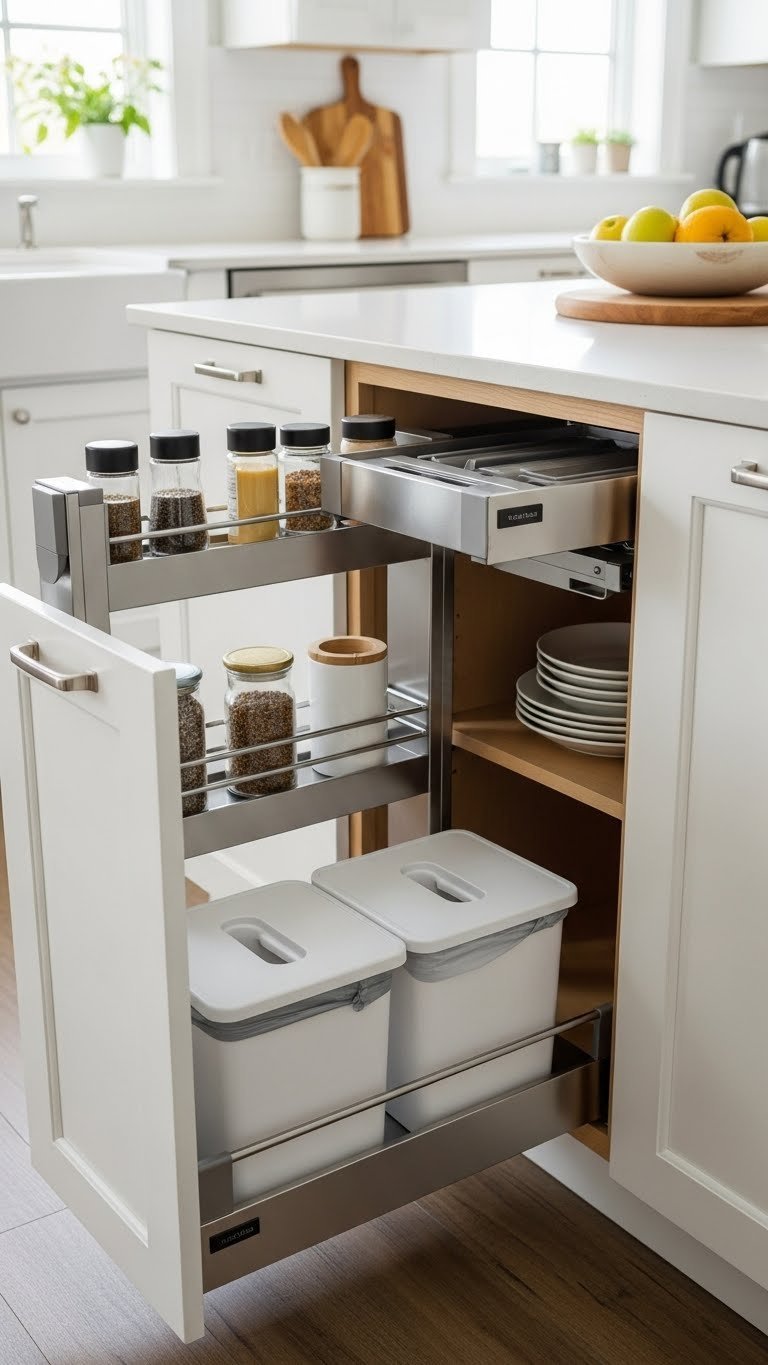 Multi-functional kitchen island storage: deep drawers, pull-out shelves, spice racks. Organized white, stainless steel & wood design.