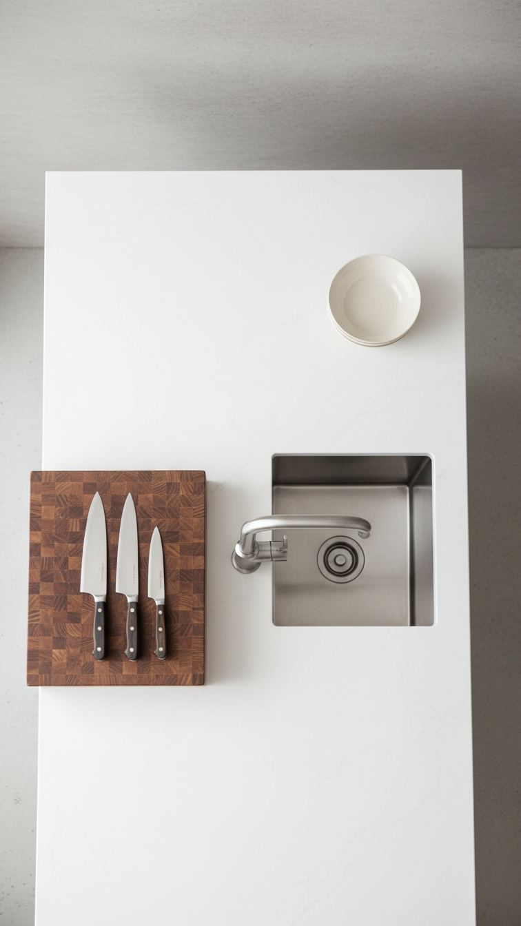 Multi-functional modern kitchen island with wooden butcher block, white quartz sink area, and seating zone, showing material contrast.
