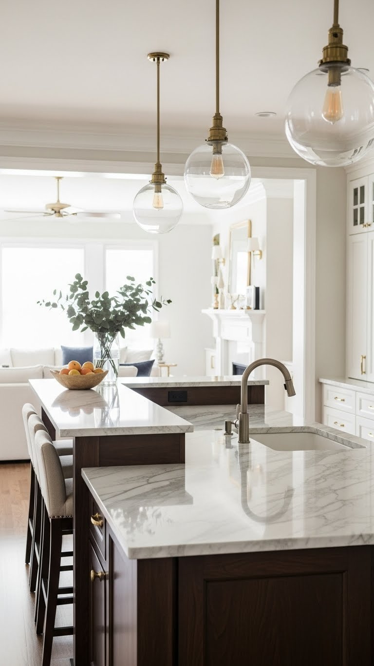 Multi-level kitchen island separating open concept living room, raised bar with stools, lower work surface, polished marble countertop, modern design.