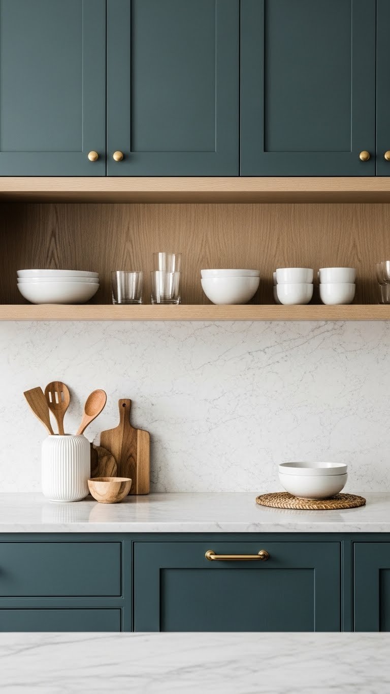Muted deep teal kitchen cabinets, cool moody tones, with light wood shelving, marble counter, wood utensils, white vase.