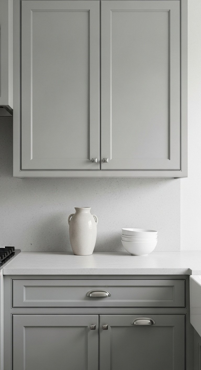 Muted grey-green transitional kitchen cabinets, brushed nickel hardware, light concrete countertop, ceramic vase, white bowls.