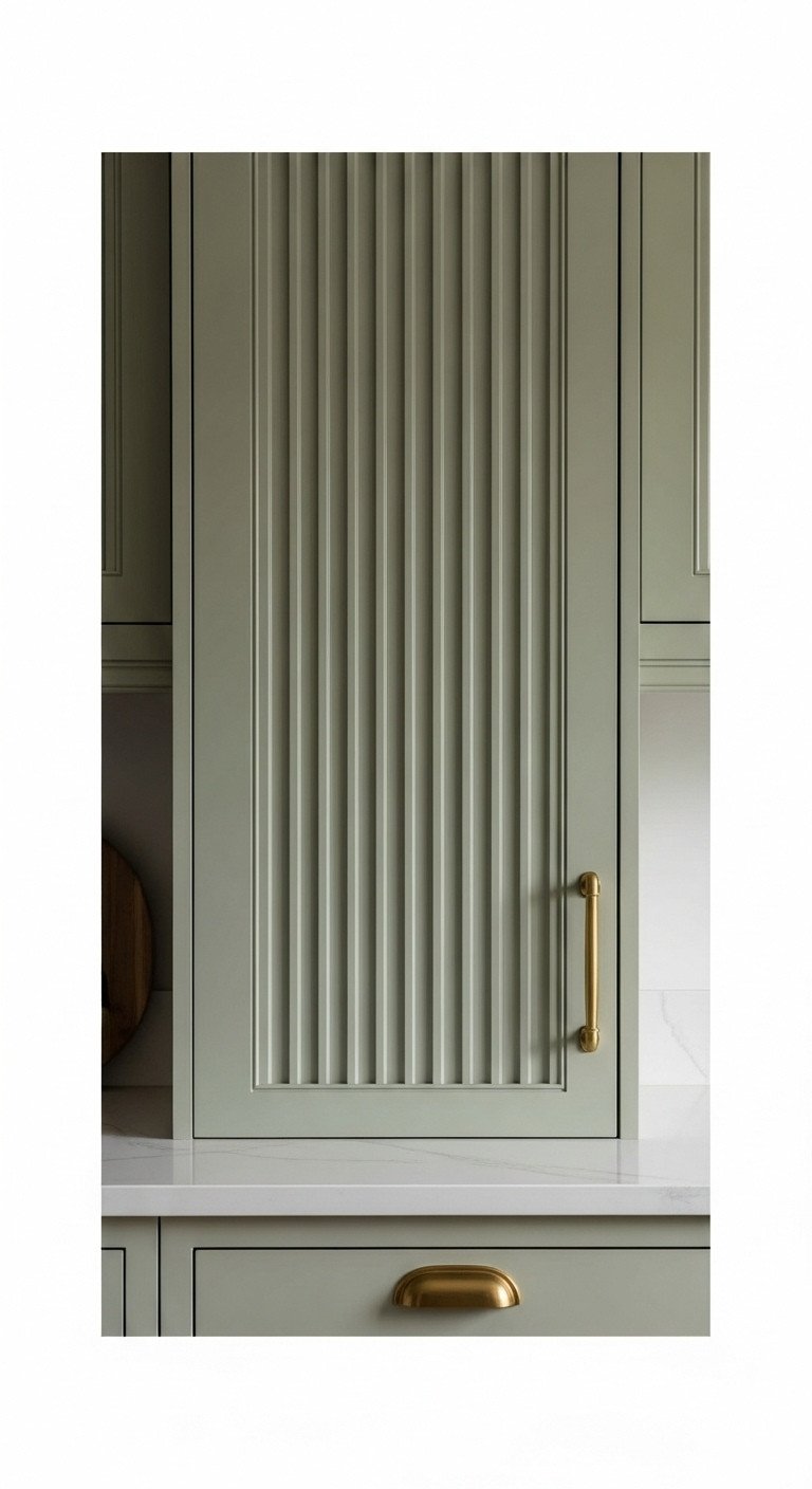 Muted pine green fluted kitchen cabinet panels with brass handle, showcasing textured wood detail and shadows.