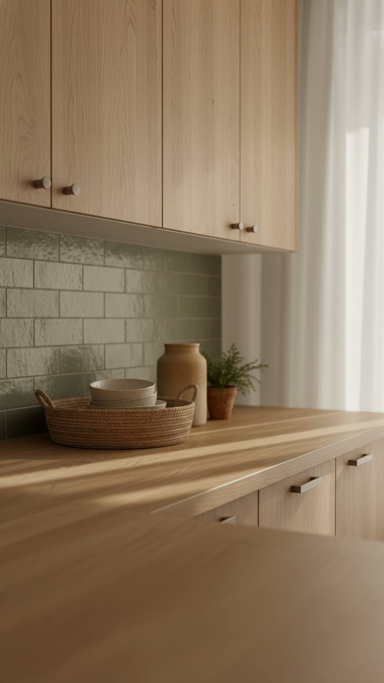 Muted sage green kitchen backsplash harmonizes with light natural wood cabinetry and butcher block countertop in a cozy kitchen.