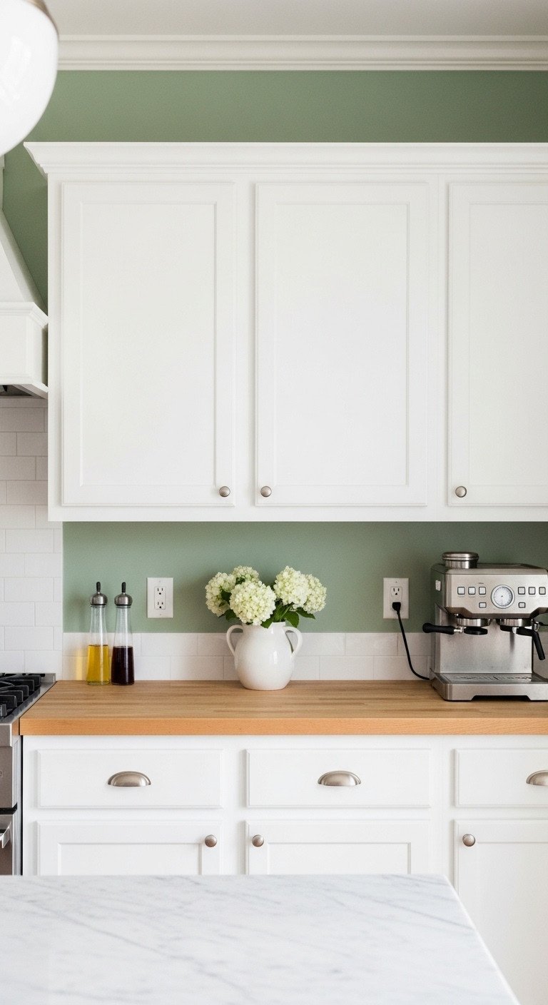 Muted sage green kitchen wall with bright white shaker cabinets, light butcher block countertops, ceramic vase, and coffee maker.