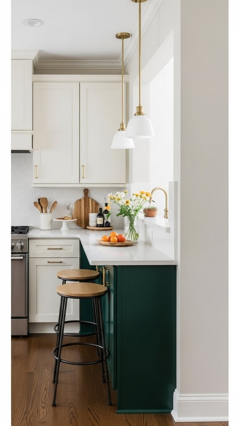 Narrow kitchen peninsula, breakfast bar and two stools. Modern design separating kitchen and open living room, hardwood floor.