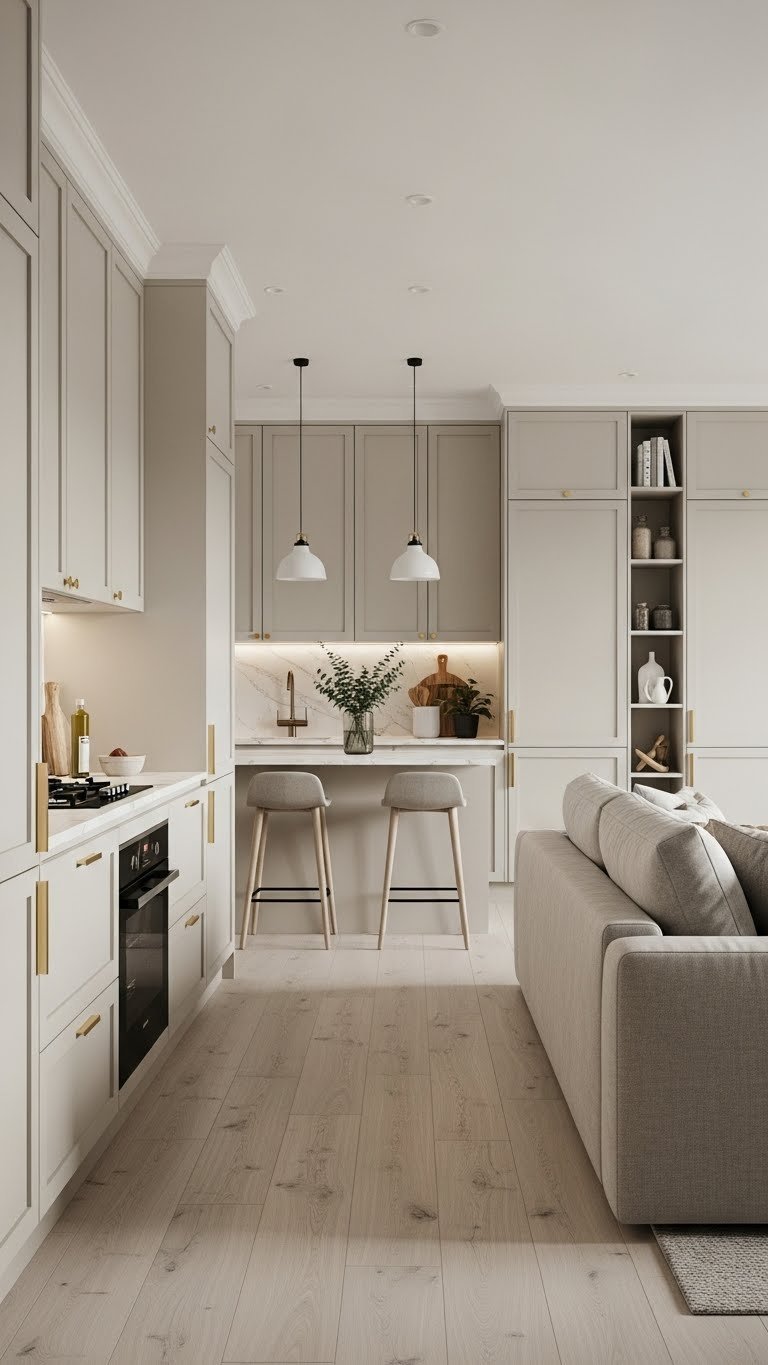 Narrow open plan kitchen living room with parallel flow layout. Light wood floor, neutral creams, and sage green decor. Modern living with console and vertical storage.