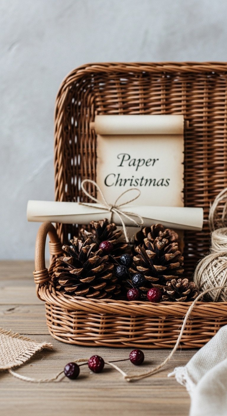 Natural Christmas decor on a woven wicker tray with a paper scroll, large pinecones, and scattered faux berries.