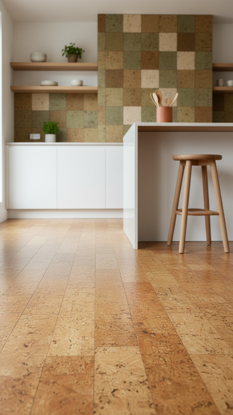 Natural cork plank flooring and textured cork wall panels in a contemporary kitchen with soft window light. Sustainable, earthy design.