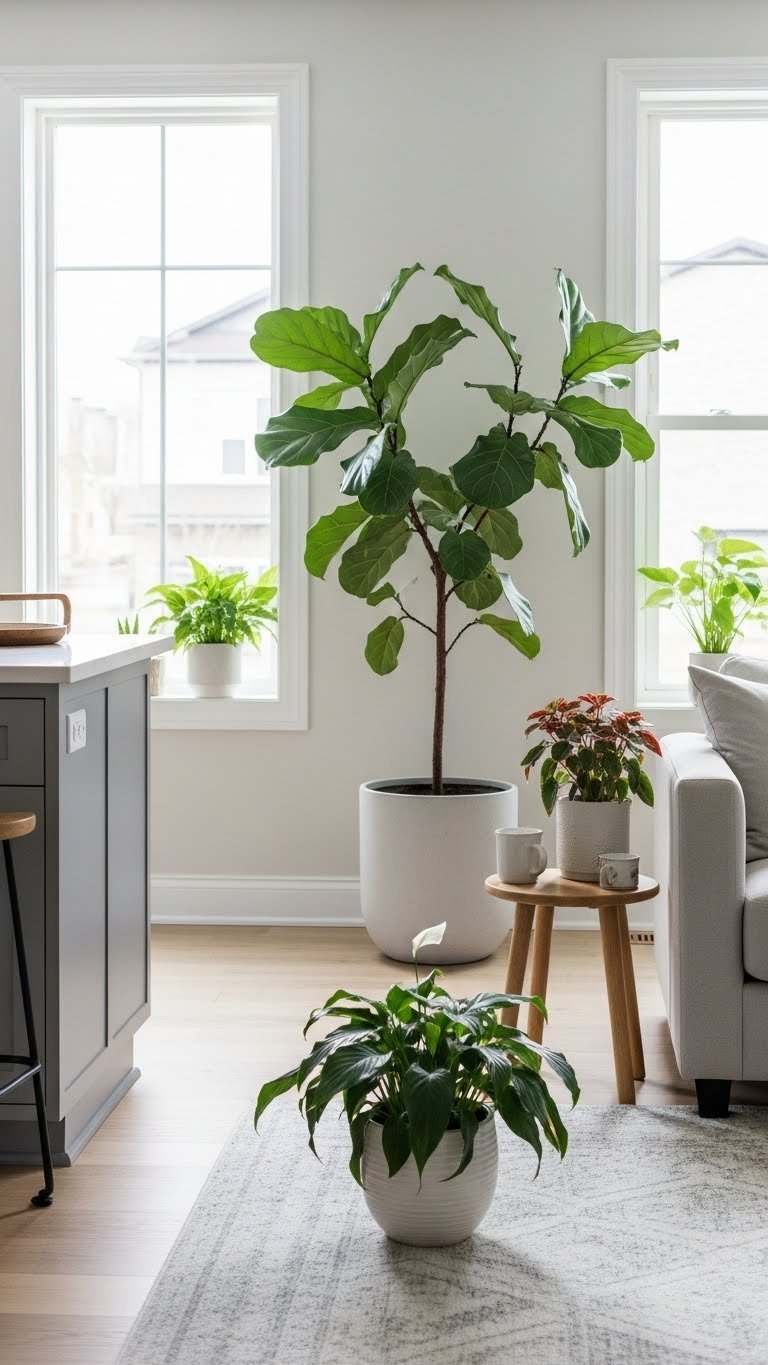 Natural greenery with a large floor plant and kitchen plants integrates nature into open concept living room. Serene, fresh decor.