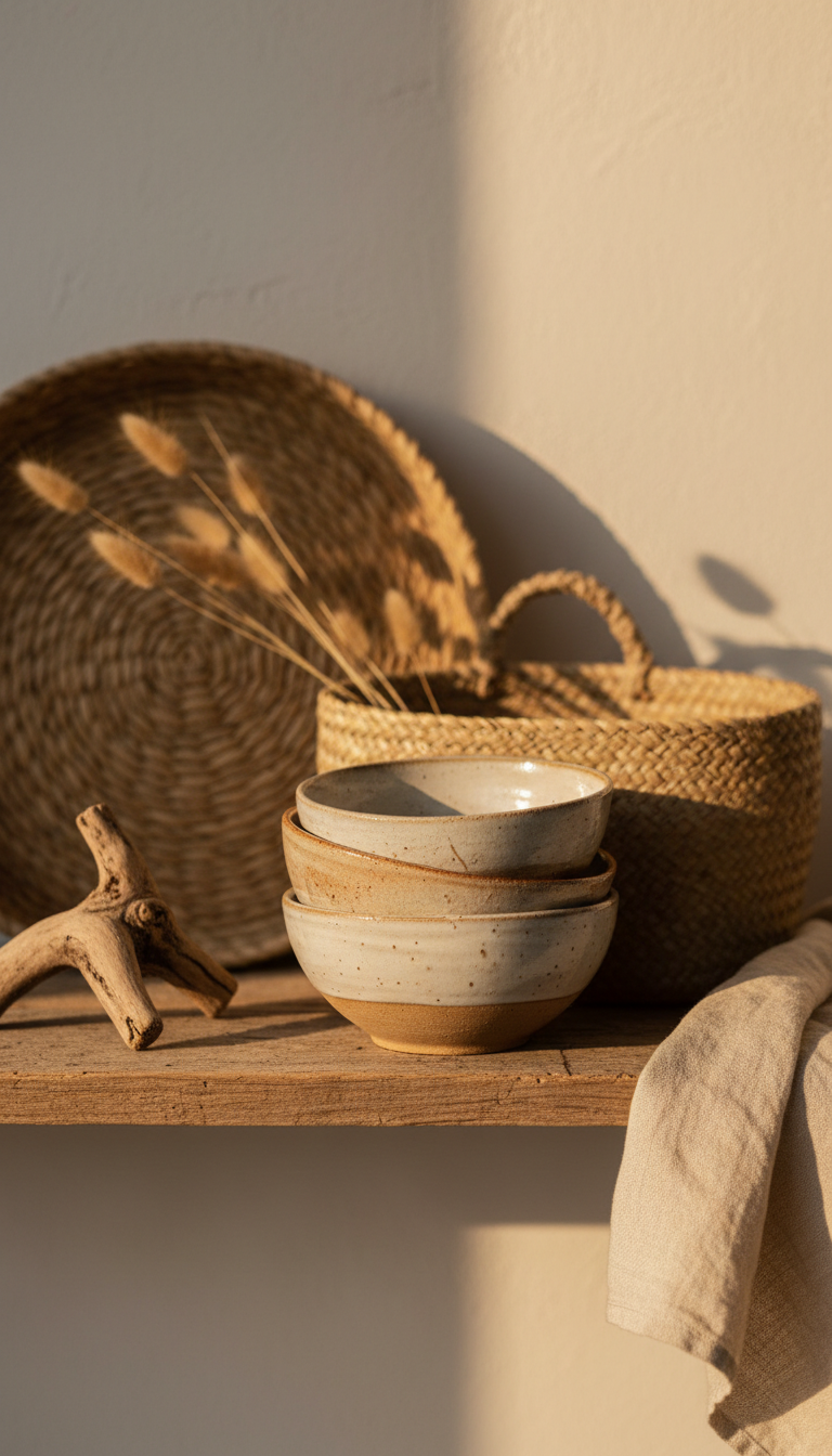 Natural kitchen decor: handmade ceramic bowls, woven baskets, driftwood, dried grasses on open shelf. Organic modern style, warm light.