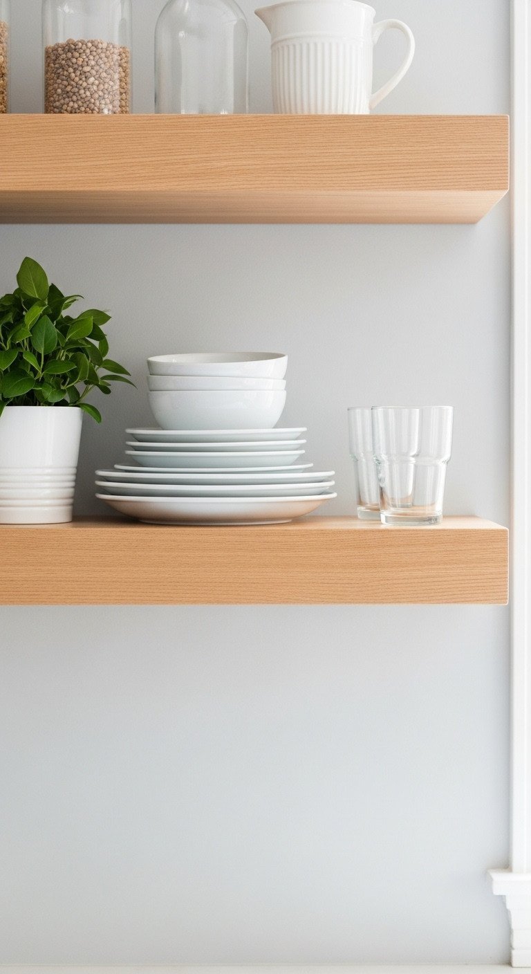 Natural wood floating shelf styled with white ceramic plates, a small green plant, and two glasses on a light gray wall.