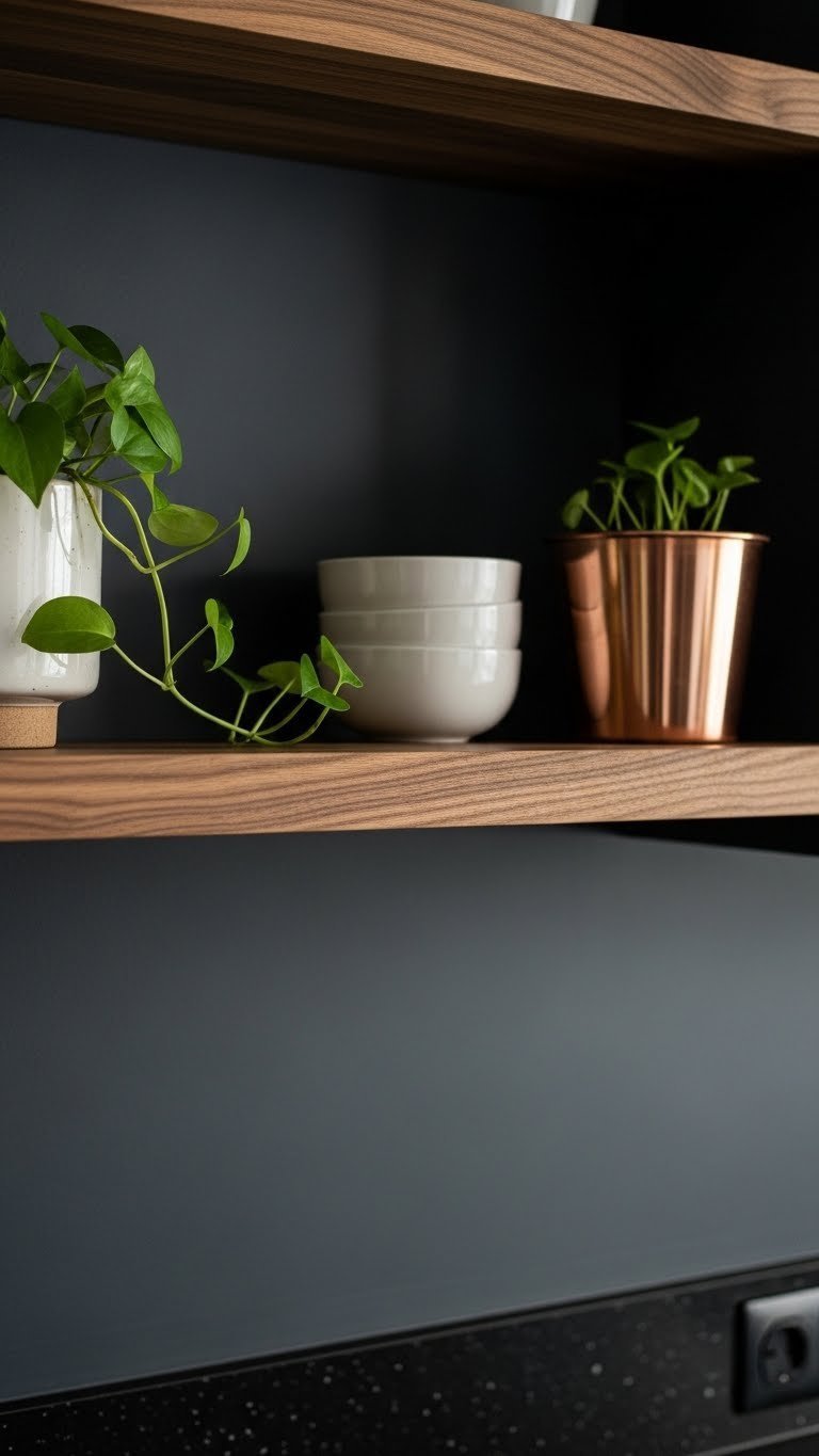 Natural wood open shelving on a dark gray kitchen wall, showcasing deeply veined walnut and minimalist ceramic decor.