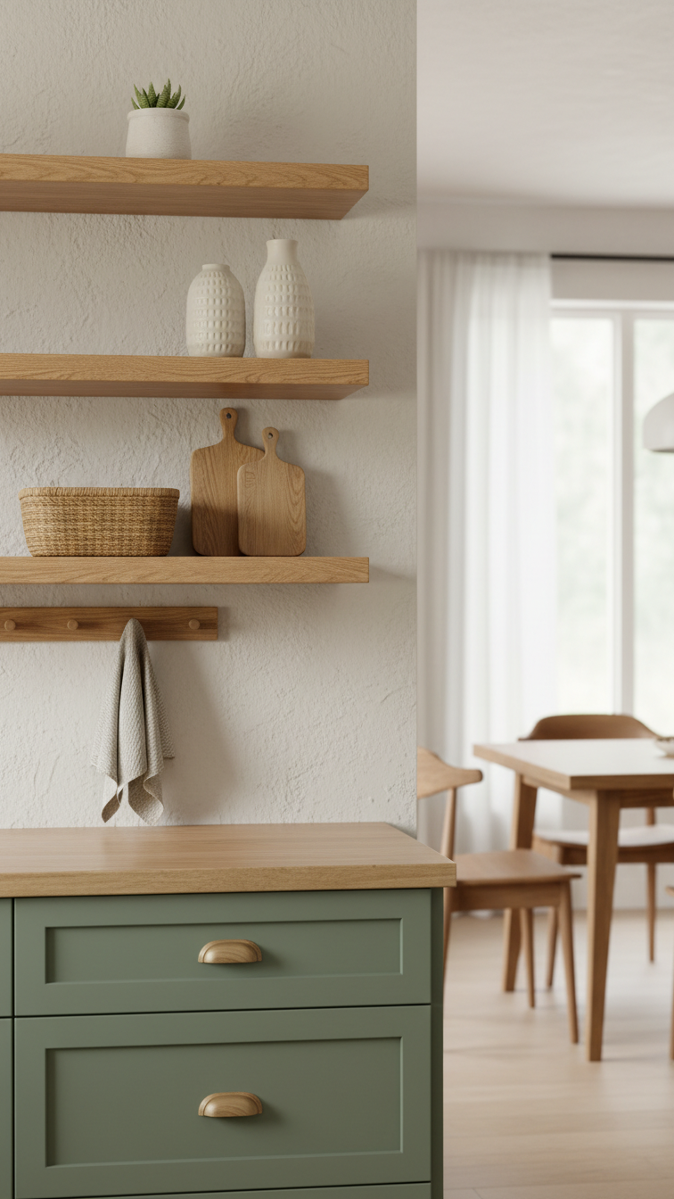 Nature-inspired kitchen corner with sage green cabinets, warm natural wood floating shelves, succulent, and ceramic vases.