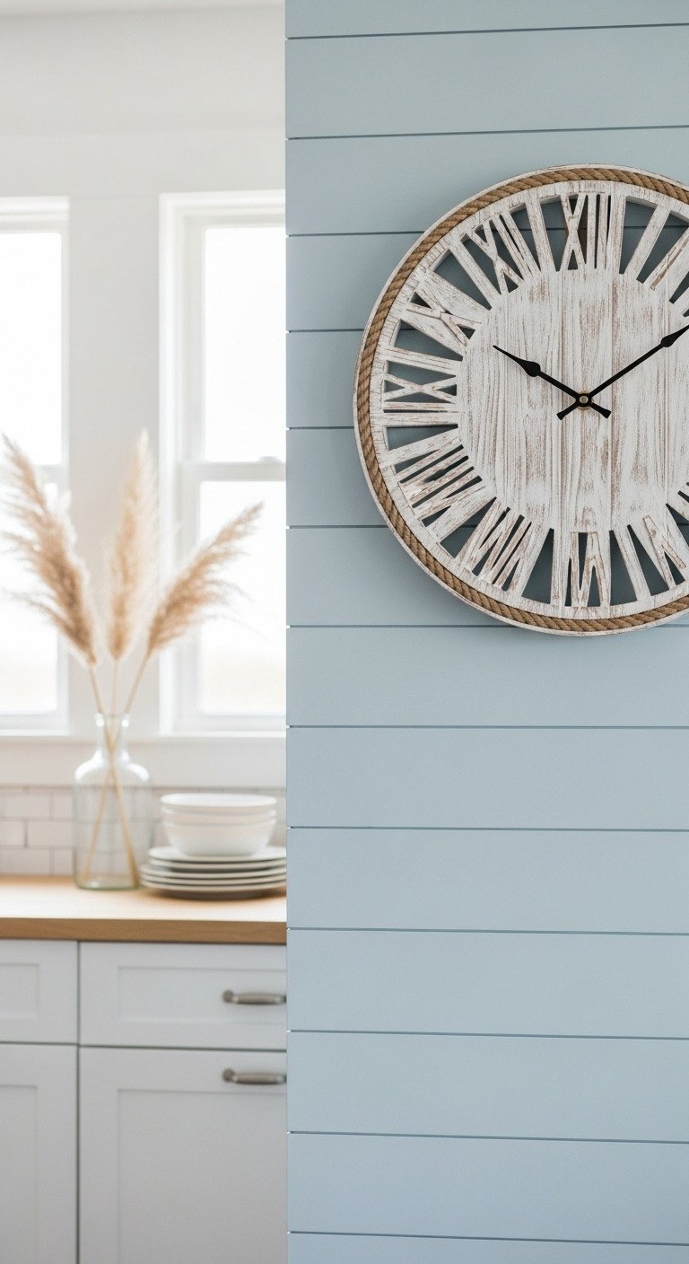 Nautical-style wall clock with a whitewashed wood face and rope frame on a light blue shiplap wall in a coastal kitchen.