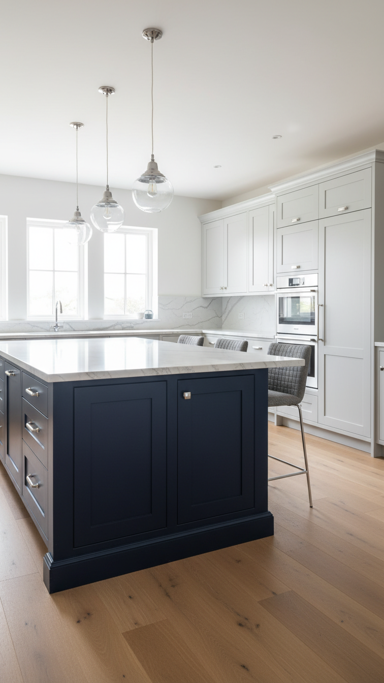 Moody Two Tone Kitchen Cabinets: 9 Essential Design Ideas 13 Navy blue kitchen island, soft grey perimeter cabinets, white quartz countertop, and modern pendant lights define an elegant kitchen layout.