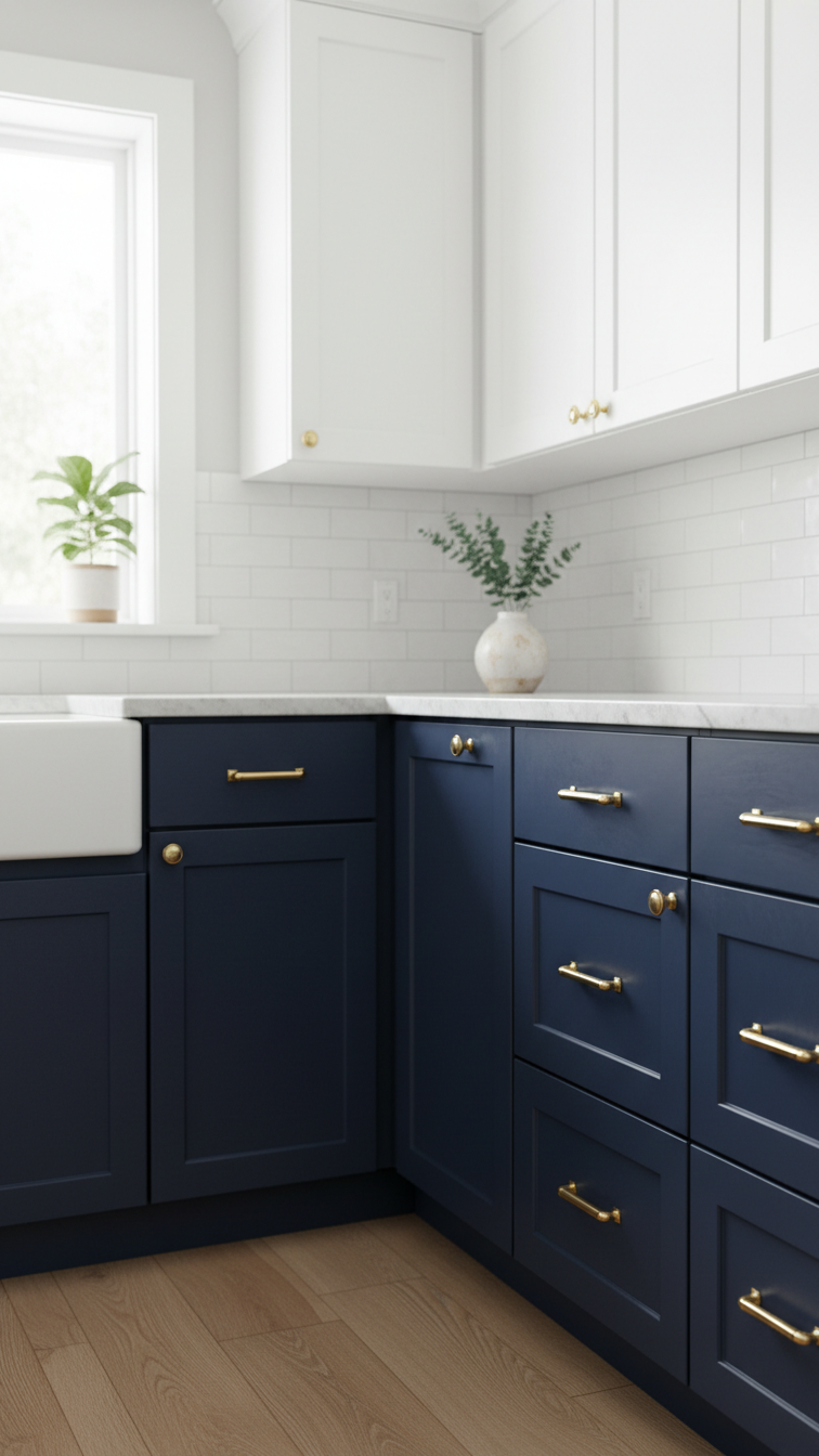 Moody Two Tone Kitchen Cabinets: 9 Essential Design Ideas 1 Navy blue shaker lower cabinets, crisp white uppers, light marble countertop, brass hardware, and white subway tile create a sophisticated two-tone kitchen design.