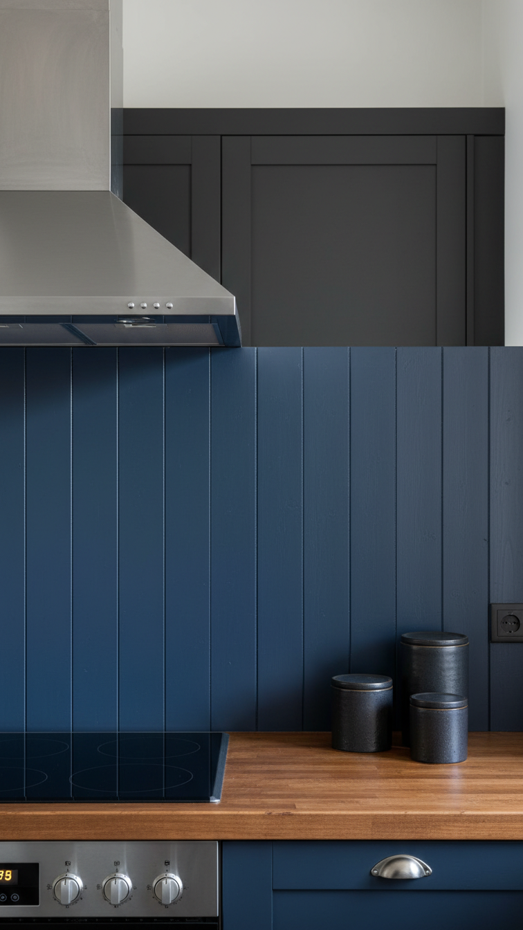 Navy blue vertical wood plank backsplash above stove, rustic wooden countertop. Stainless steel range hood, dark ceramic canisters.