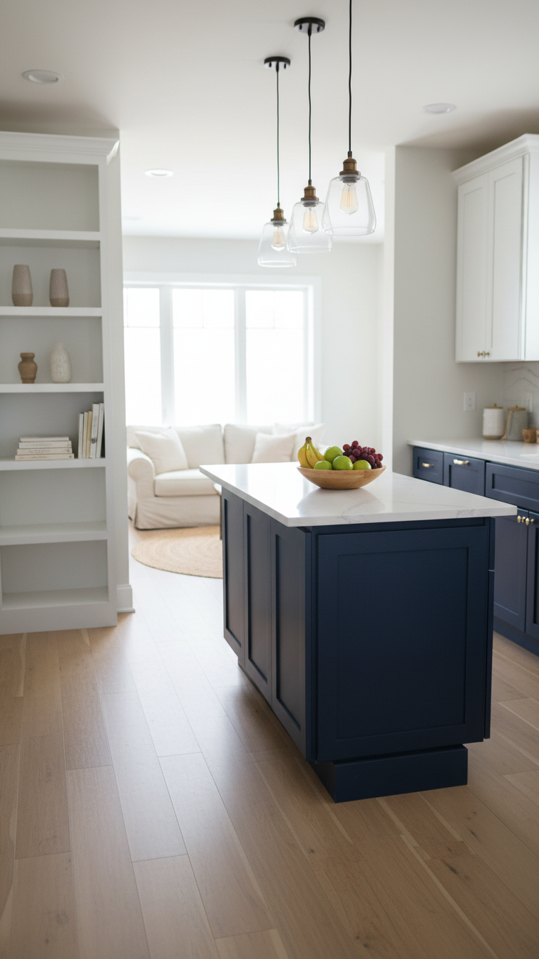Navy lower cabinets, white uppers, and island in a small open concept kitchen with light wood flooring to living area.
