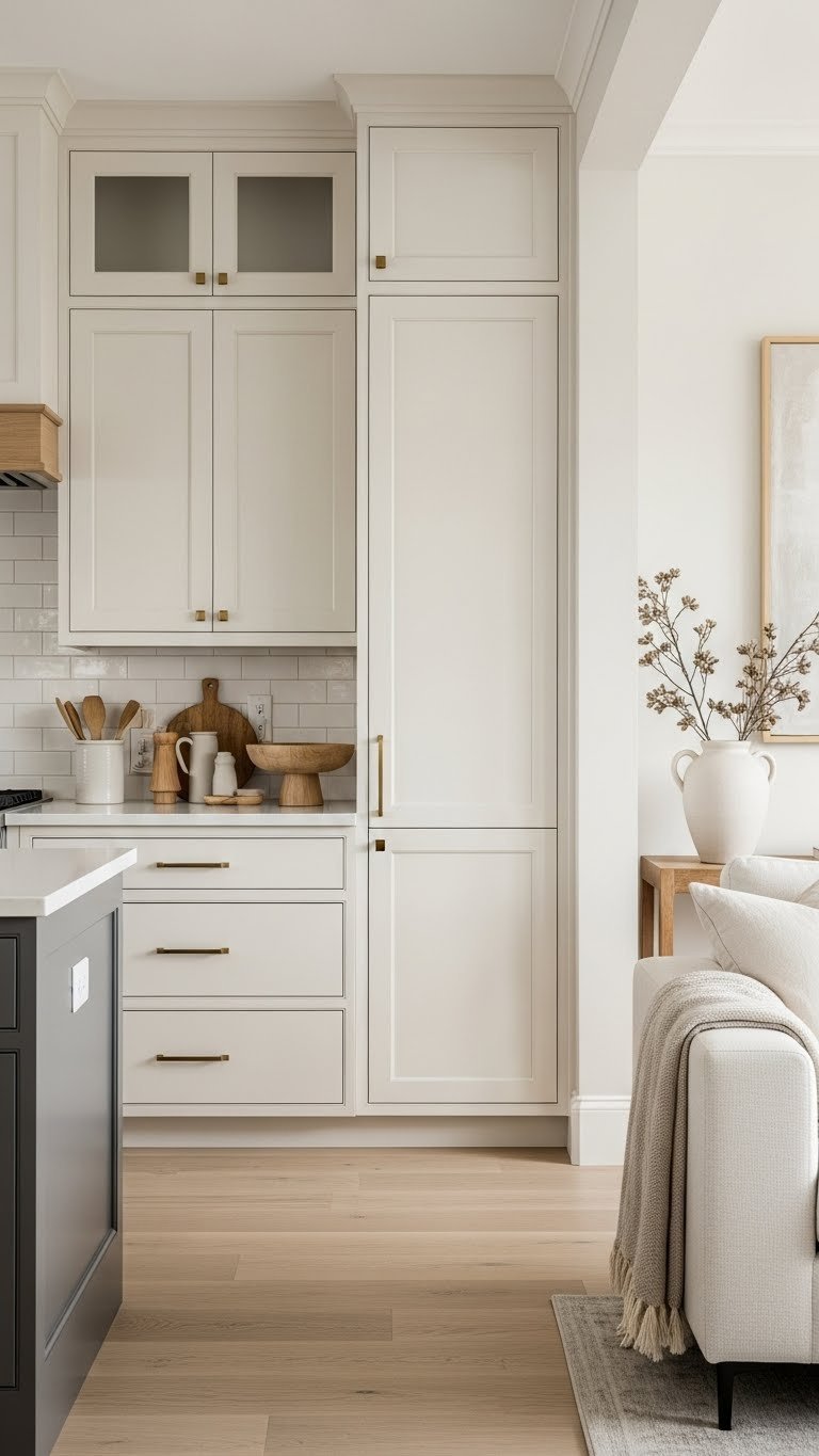 Neutral color palette of off-whites and grays unifies open concept kitchen and living room. Cohesive design with wood accents.