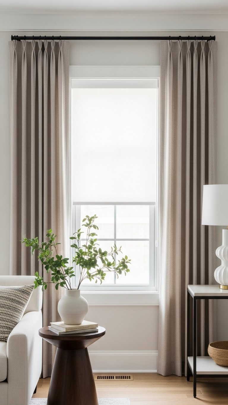 Neutral drapes and white roller shade in living room, matching shade in kitchen, for strategic layering and functional contrast.