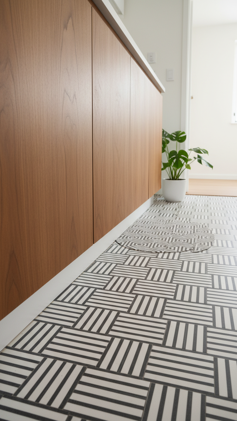 Neutral geometric patterned vinyl floor tiles in a mid-century kitchen, contrasting walnut cabinets and a white toe kick.