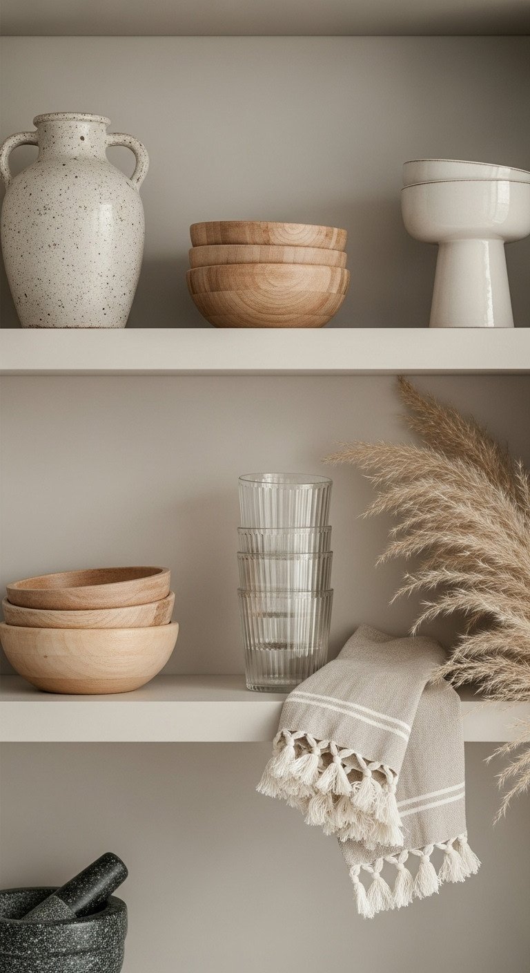 Neutral kitchen decor with textural open shelves holding a handmade ceramic vase, wooden bowls, and ribbed glasses.