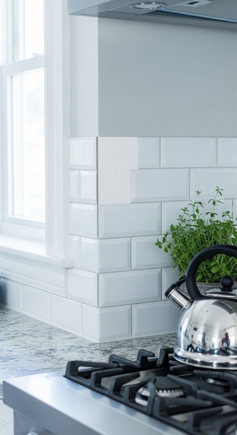 9 Non Modular Kitchen Organization And Decor Secrets 5 Newly installed textured white subway peel-and-stick vinyl tiles on a kitchen backsplash, modern aesthetic, granite counter, clean grout lines.
