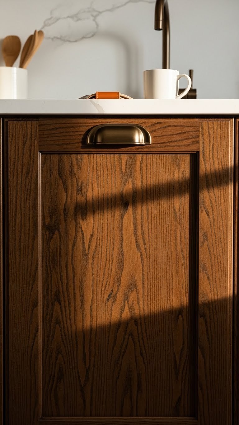 Newly refinished dark espresso oak cabinets, sophisticated bronze hardware, leather handle. Elegant kitchen design.