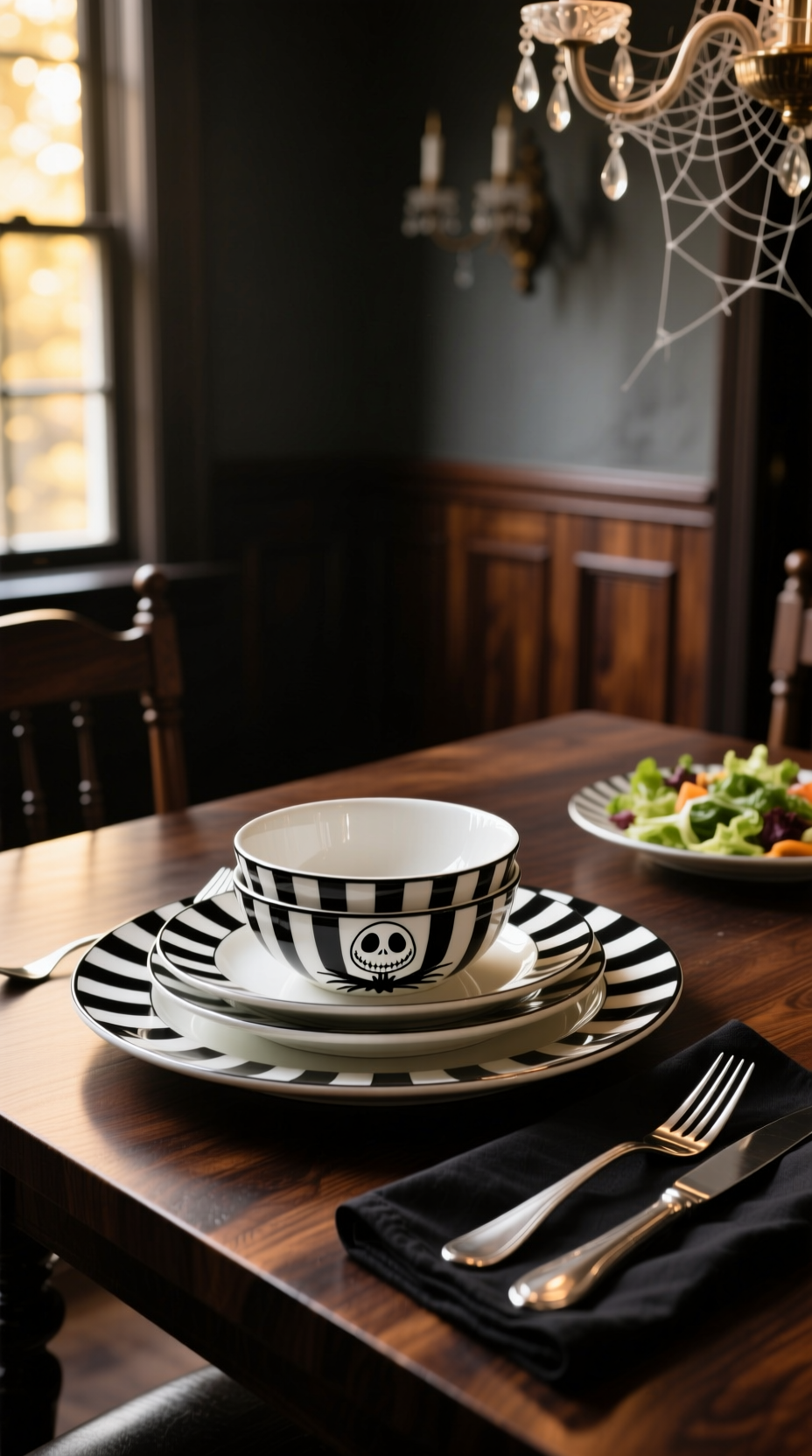 11 Essential Nightmare Before Christmas Kitchen Decor 10 Nightmare Before Christmas dinnerware: Jack Skellington pinstripe plates. Dining decor on dark wood table.