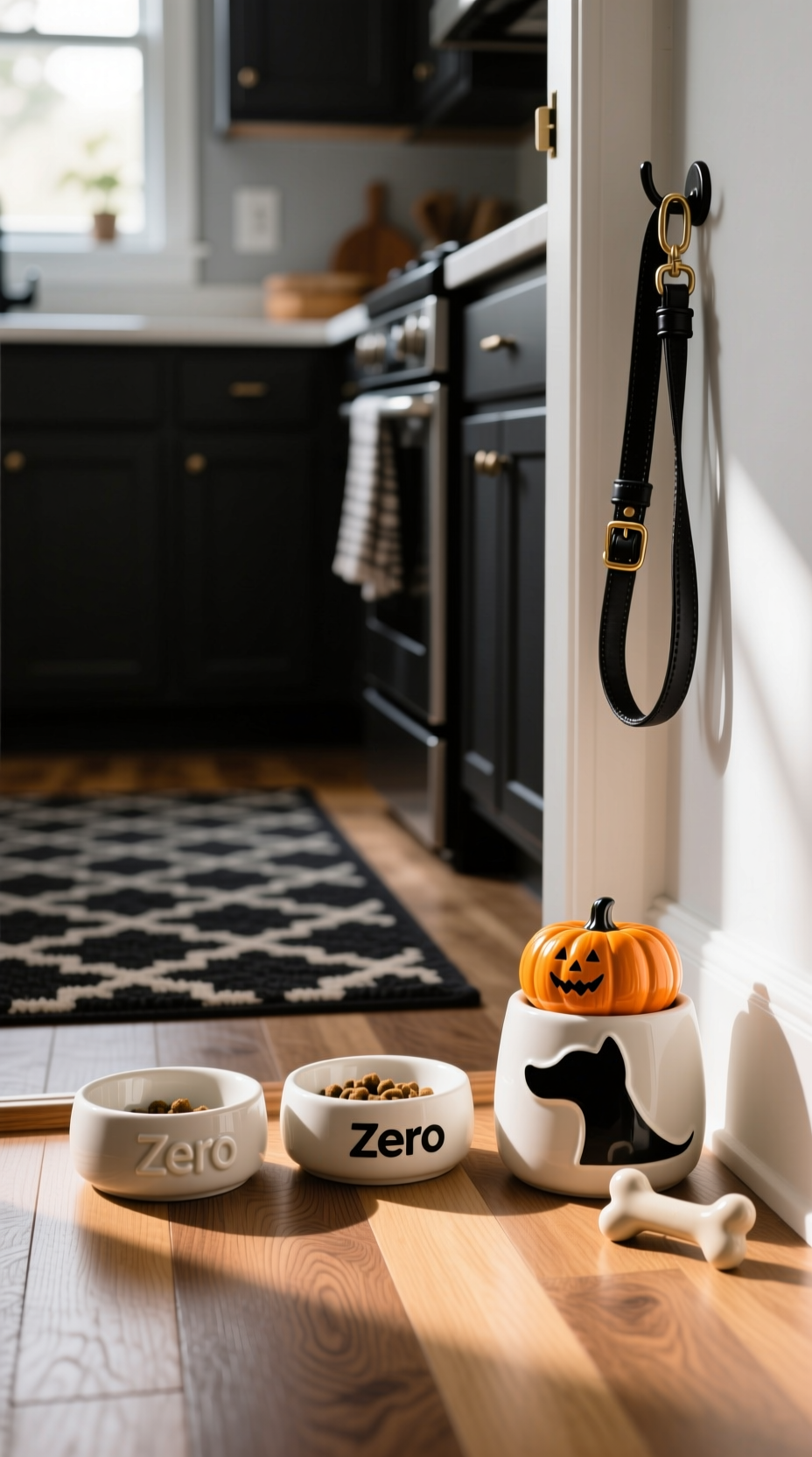 11 Essential Nightmare Before Christmas Kitchen Decor 12 Nightmare Before Christmas pet bowls (Zero & Jack), Zero treat jar. Ceramic pet decor on wood floor.