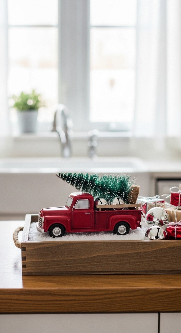 Nostalgic Vintage Christmas scene on a wooden box tray with a red pickup truck, bottle brush tree, and silver bells.
