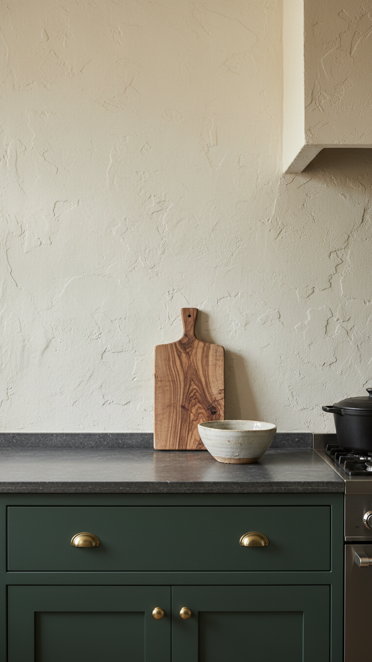 Off-white textured plaster wall contrasting a moody deep green kitchen cabinet base, highlighting tactile old-world charm.
