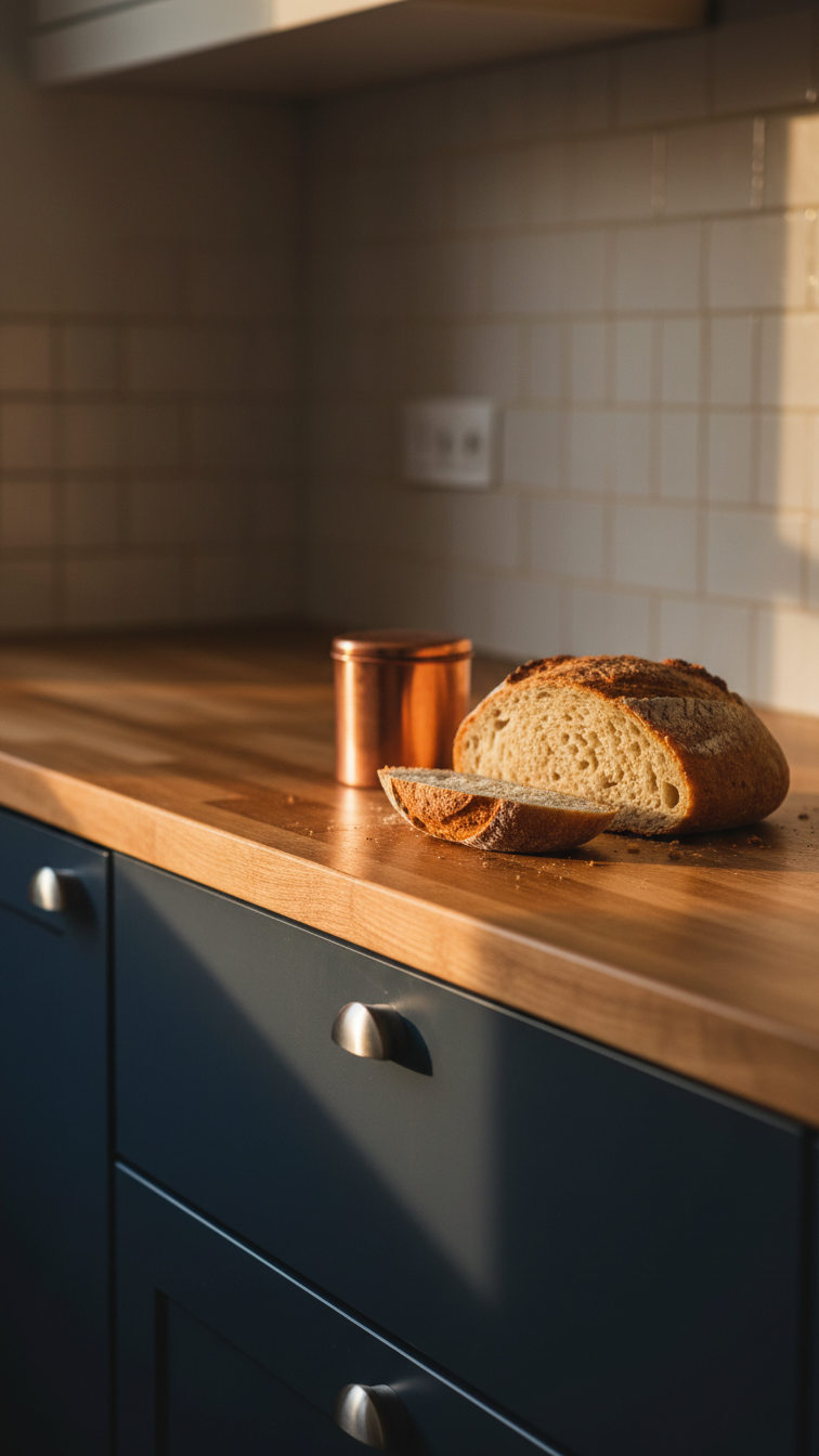 Oiled butcher block countertop on deep navy lower cabinets, with a copper canister and artisanal bread.