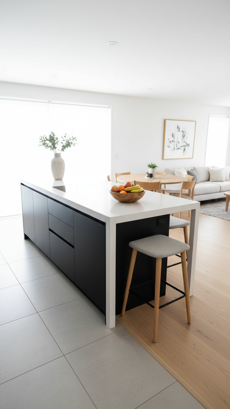 Open-concept L-shaped kitchen with minimalist island, waterfall countertop, and modern bar stools. Seamless design, light gray, warm wood tones.