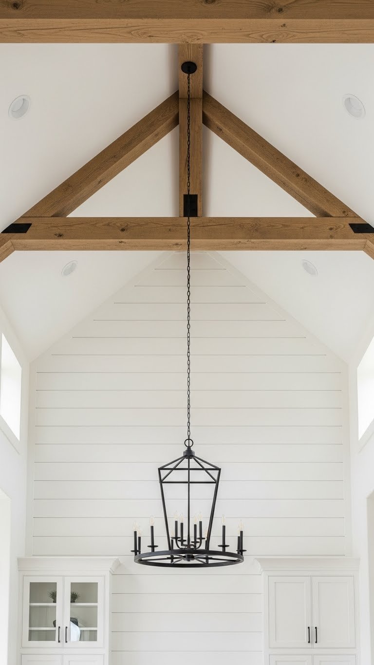 Open concept farmhouse ceiling and wall architectural details. Rustic wood beams and white shiplap create a cozy interior.