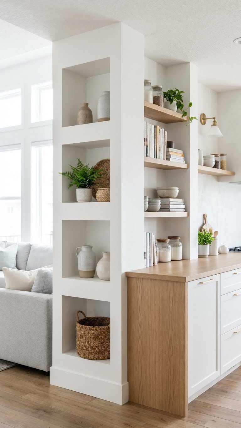 Open concept half wall, kitchen shelving, living room display niches, curated decor, plants, and cookbooks. Stylish storage solutions.