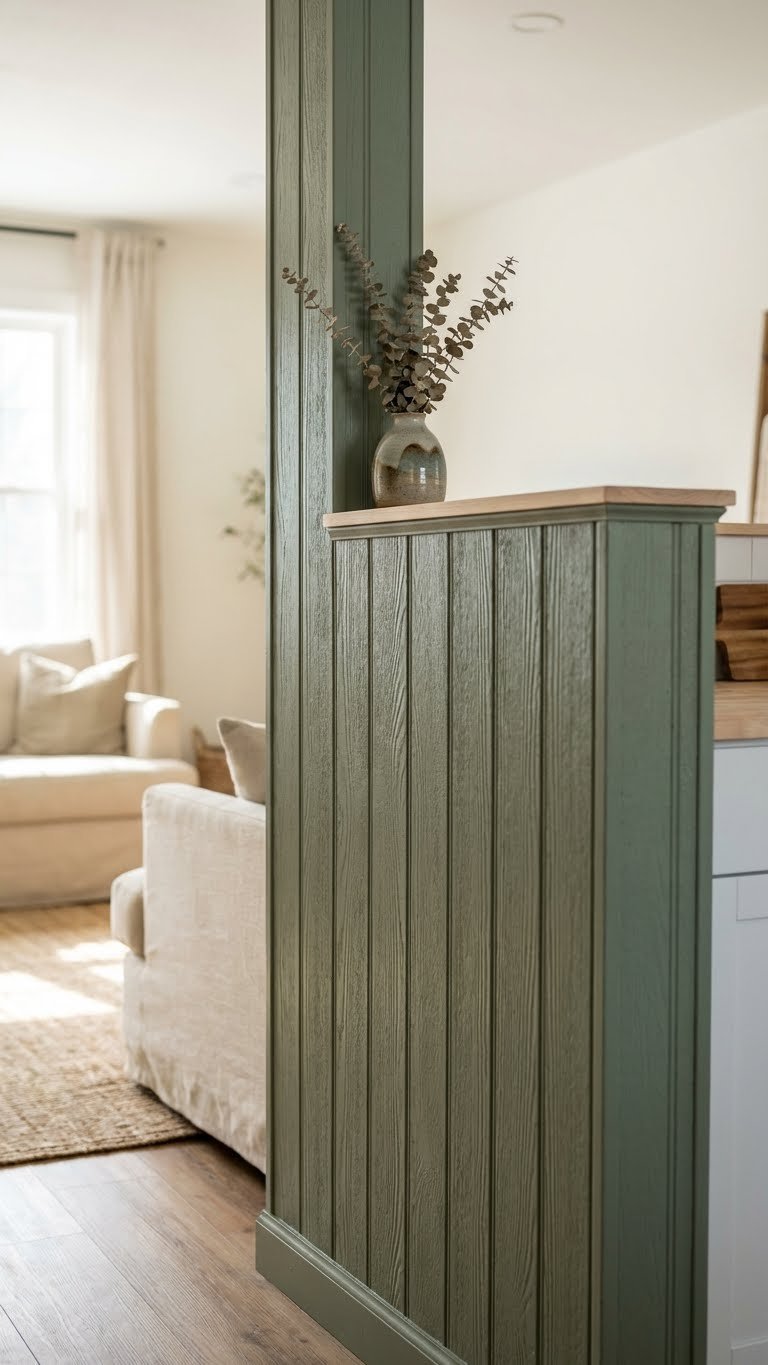 Open concept half wall, vertical shiplap paneling in sage green, acting as accent wall. Stylish room divider, ceramic vase, natural light.