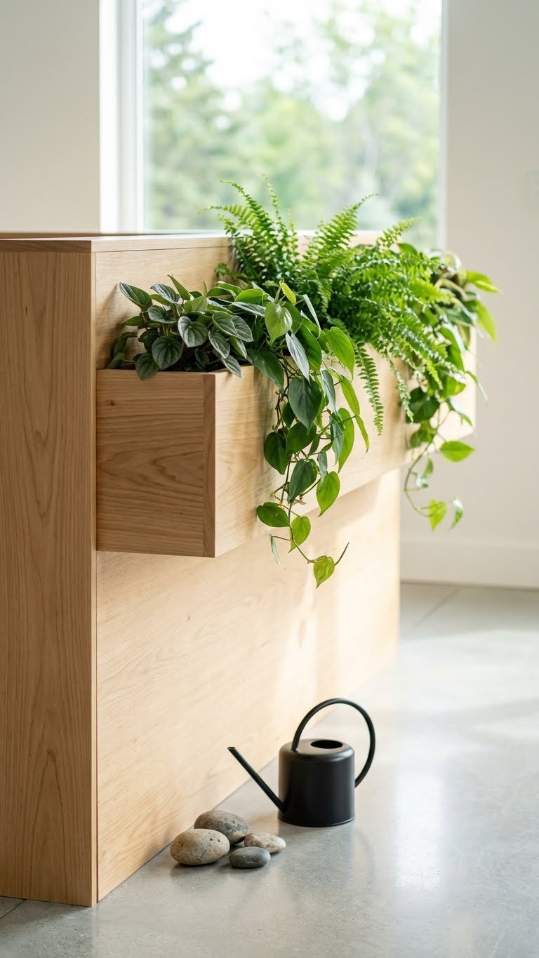 Open concept half wall with integrated raised planter box, lush indoor plants. Natural room divider, biophilic design, concrete floor, daylight.