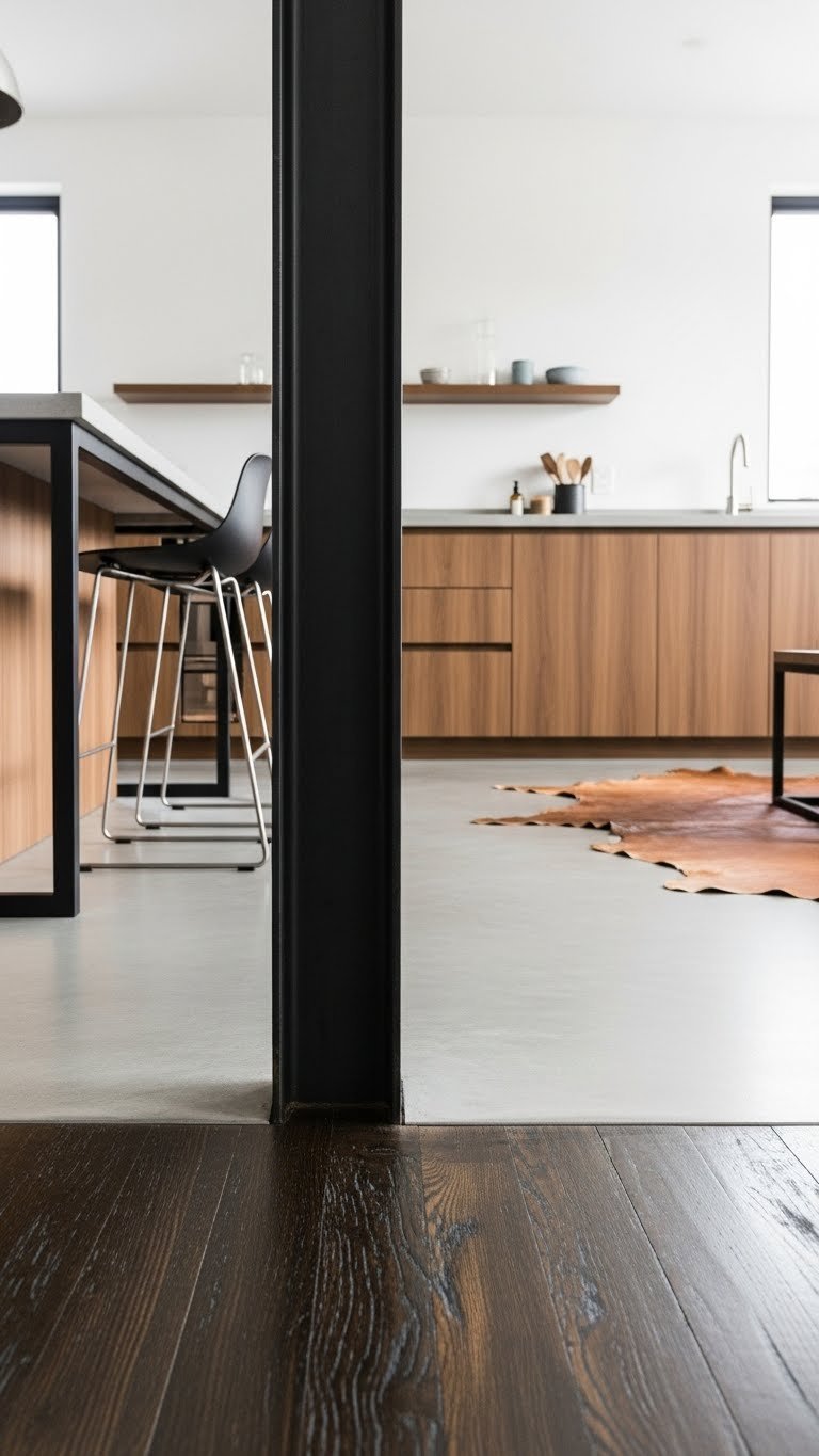 Open concept kitchen concrete floor meets dark wood living room flooring, highlighting modern design contrast with a subtle steel beam.