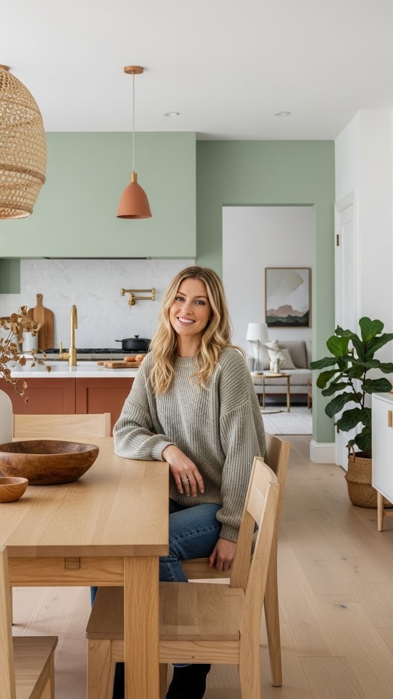 Open concept kitchen dining area with earthy sage green walls, natural wood accents, biophilic design, and large wooden table.