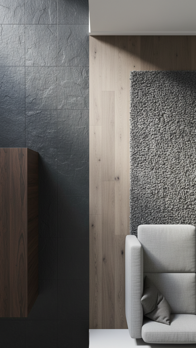 Open concept kitchen floor plan with dark wood flooring seamlessly transitioning to living room with a large textured gray rug.