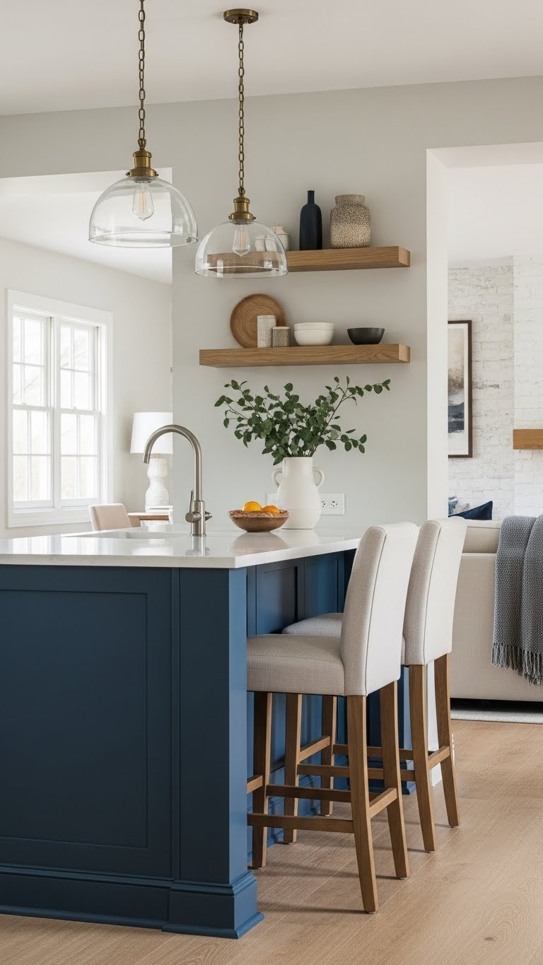 Open concept kitchen island as a partition, multi-level with a breakfast bar, separating cooking from a cozy living area. Modern wood base.