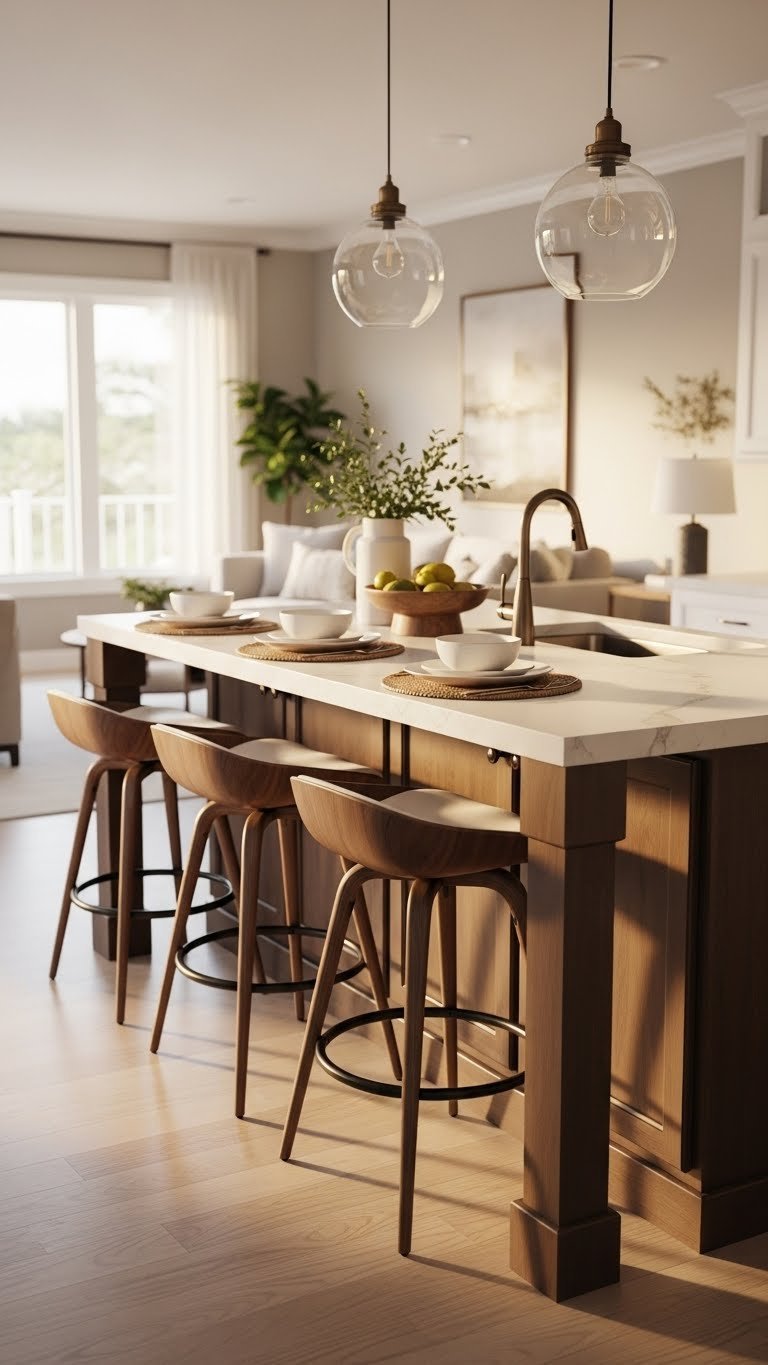 Open concept kitchen island with integrated breakfast bar, three ergonomic bar stools. Warm creams, deep browns, natural woods decor.