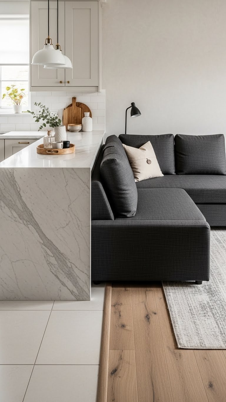 Open concept kitchen, living room, L-shaped sectional sofa, and marble island. Defines distinct lounge/cooking zones in a modern space.