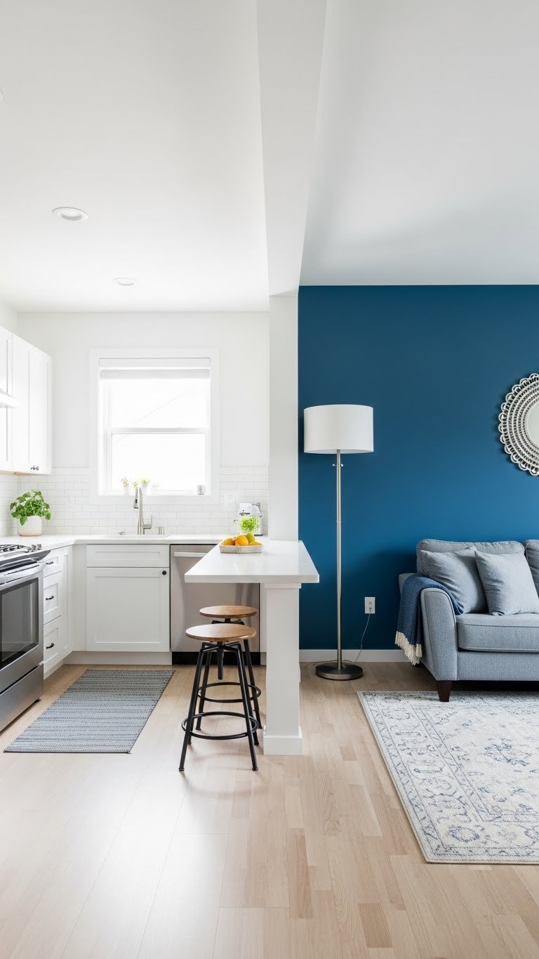 Open concept kitchen living room defined by strategic area rugs and distinctive lighting, separating zones on light wood floors.