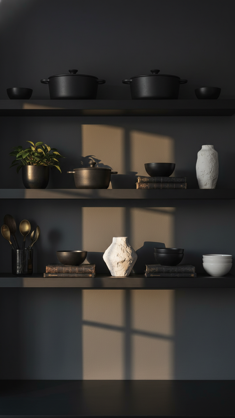 Open concept kitchen with dark floating shelves displaying matte black pottery and white ceramics, creating a cozy, moody ambiance.