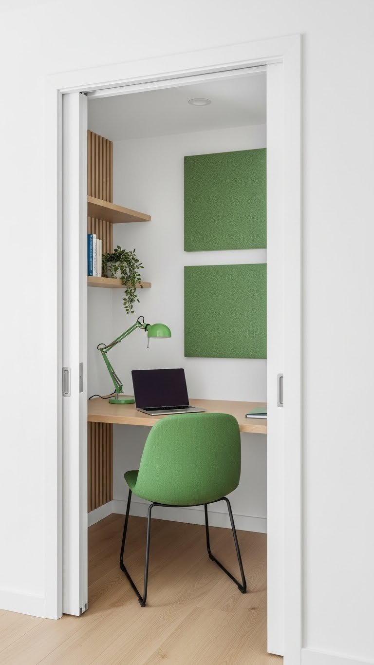 Open concept living area with semi-private office nook. Desk, laptop, task lamp, acoustic panels. Greens, natural woods, clean whites. Serene.