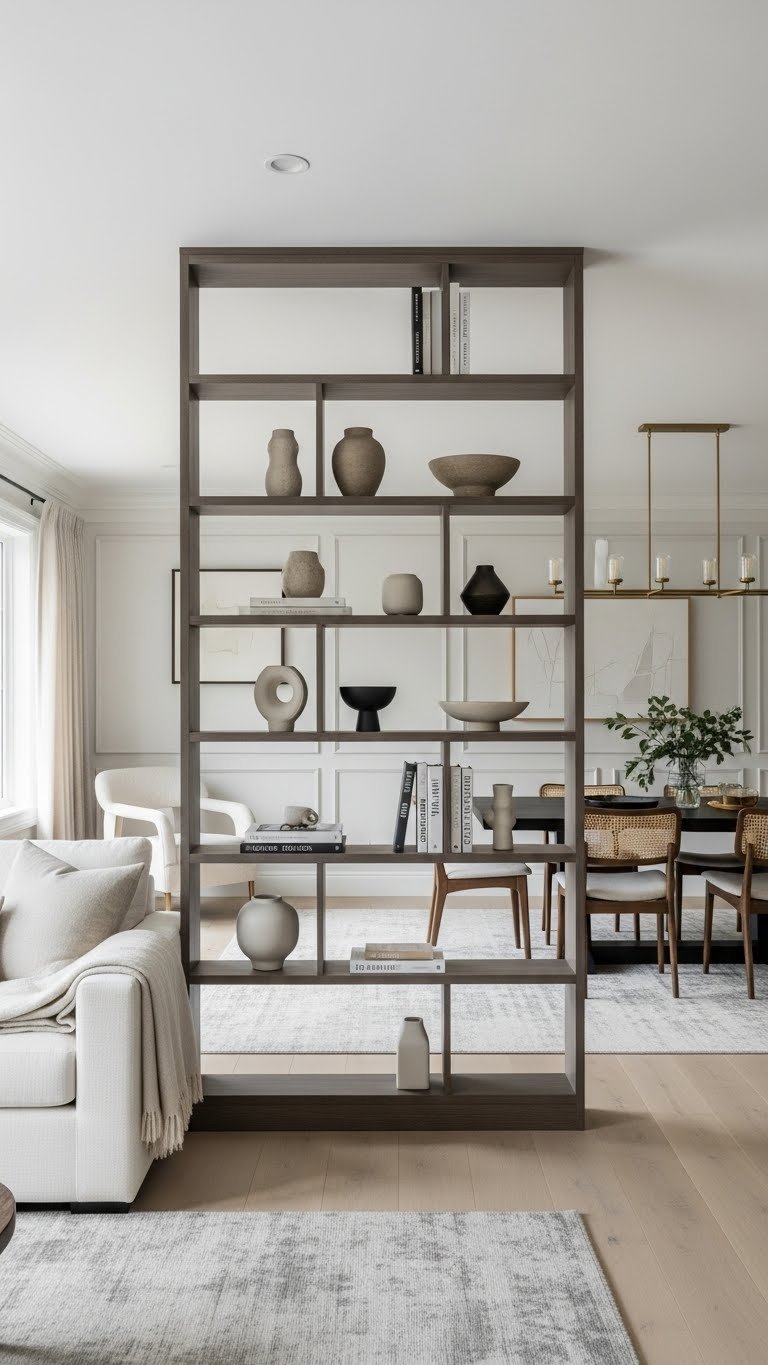 Open concept living, dining zones divided by a custom built-in bookshelf. Modern area rug, natural woods, warm creams.