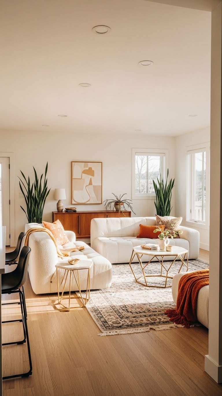 Open concept living room with mid-century modern modular sofa, textured rug, Noguchi coffee table, hardwood. Defines zones, cozy.